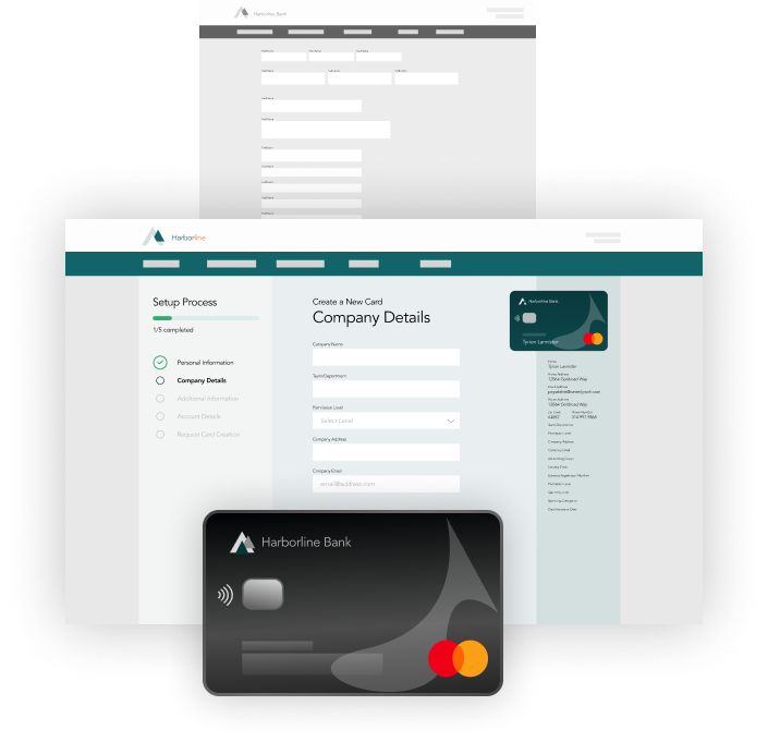 Mastercard corporate card onboarding dashboard preview: guided step-by-step UX flow reducing setup from 3 days to 10 minutes
