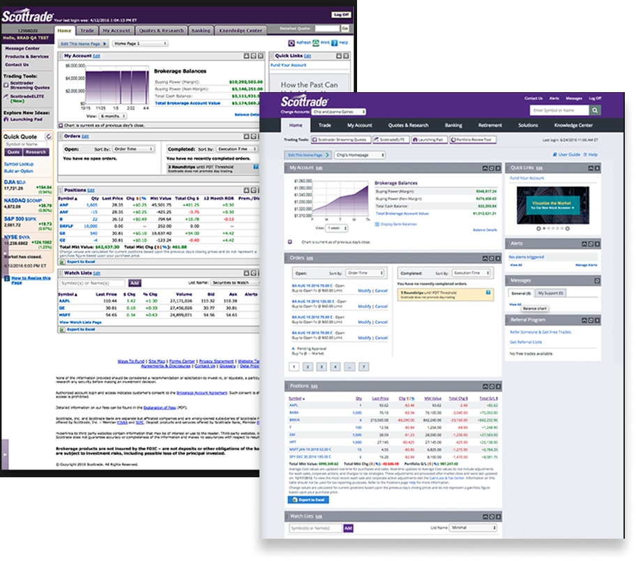 Scottrade trading platform redesign: intuitive dashboard with streamlined navigation, branding, and user flow improvements